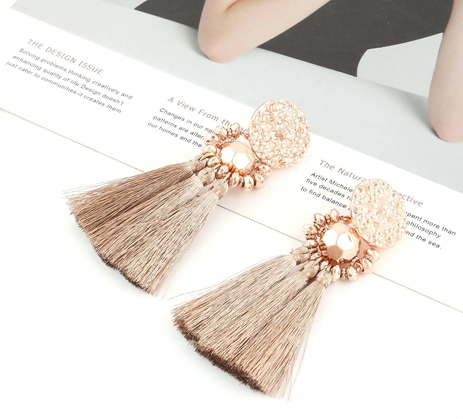 boderier Bohemian Statement Thread Tassel Chandelier Drop Dangle Earrings with Cassandra Button Stud