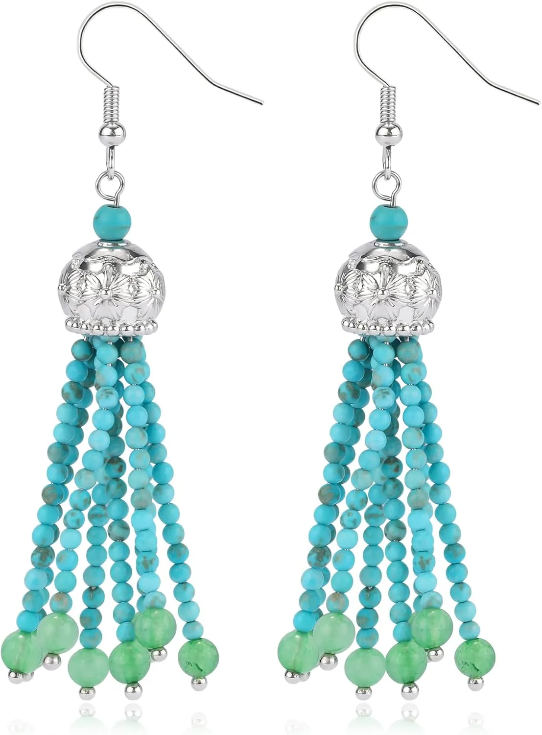 Bohemian Beaded Tassel Earrings for Women Dangle Natural Stone Turquoise Beads Long Tassel Earrings with Green Jade Beads Drop Chandelier Fringe Earrings Silver Flower Boho Jewelry Gift for Women