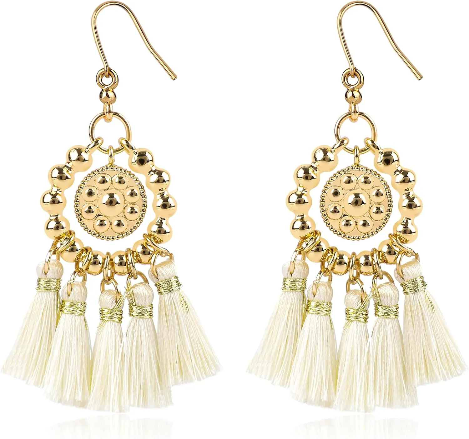 Bohemian Dangle Tassel Earrings for Women 14K Gold Plated Tassel Gold Ball Beads Hoop Fringe Chandelier Earrings Beaded Circle Hoop Boho Statement Earrings Handmade Party Jewelry Gift for Teen, Beige