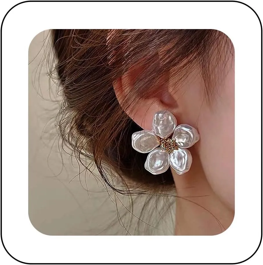 Bohemian Pearl Flower Stud Earrings Gold Pearl Flower Earrings Large Pearl Floral Petal Earrings White Pearl Flower Petal Earrings Jewelry for Women