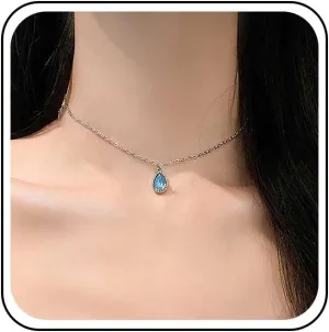 Bohemian Teardrop Sapphire Choker Necklace Silver Water Drop Crystal Pendant Necklaces Blue Cz Chain Necklaces Minimalist Oval Rhinestone Collar Necklace Jewelry for Women