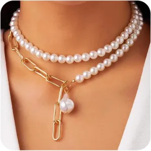 Boho 2 Tier Simple Y Short Choker Necklaces Dainty Chunky Sexy Choker Necklace Chain Multilayer Pearls Choker Necklaces Prom Party Bar for Women