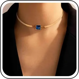 Boho Blue Sapphire Choker Necklace Gold Herringbone Chain Necklaces Vintage Blue Gem Necklaces Square Collar Necklace Chain Jewelry for Women