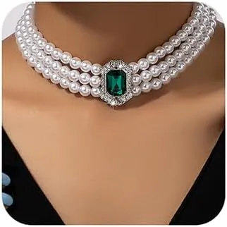 Boho Women Multilayer 1920s Necklace Green Rhinestones Chunky Dainty Pearls Layered Choker Necklaces Handmade Beads Fashion Chunky Pendant Multilayer Adjustable Layering Green Chain Necklaces for Women