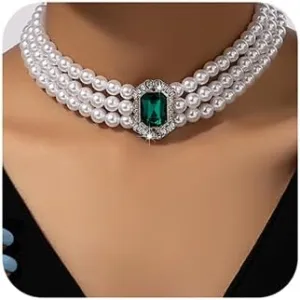 Boho Women Multilayer 1920s Necklace Green Rhinestones Chunky Dainty Pearls Layered Choker Necklaces Handmade Beads Fashion Chunky Pendant Multilayer Adjustable Layering Green Chain Necklaces for Women