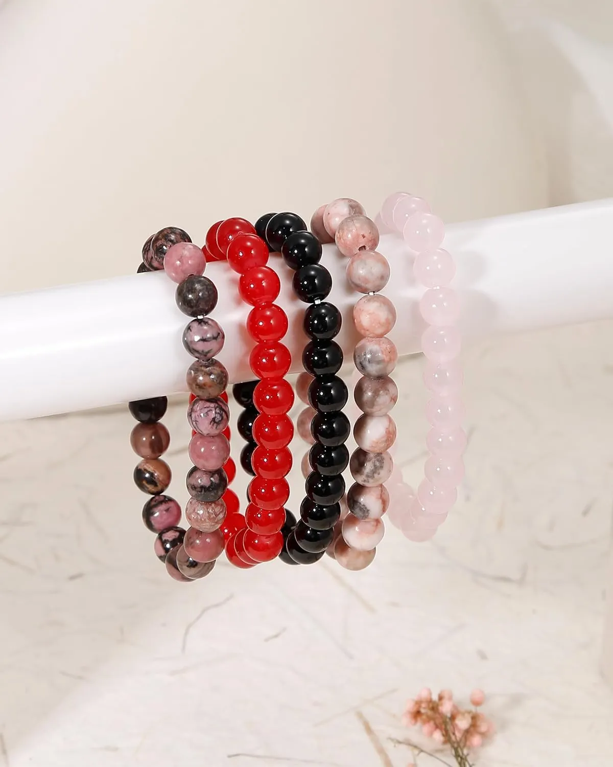BOMAIL 5Pcs Healing Crystal Bracelets for Women 8mm Natural Stone Beaded Stretch Bracelet Set Handmade Semi-Precious Gemstone Bracelets