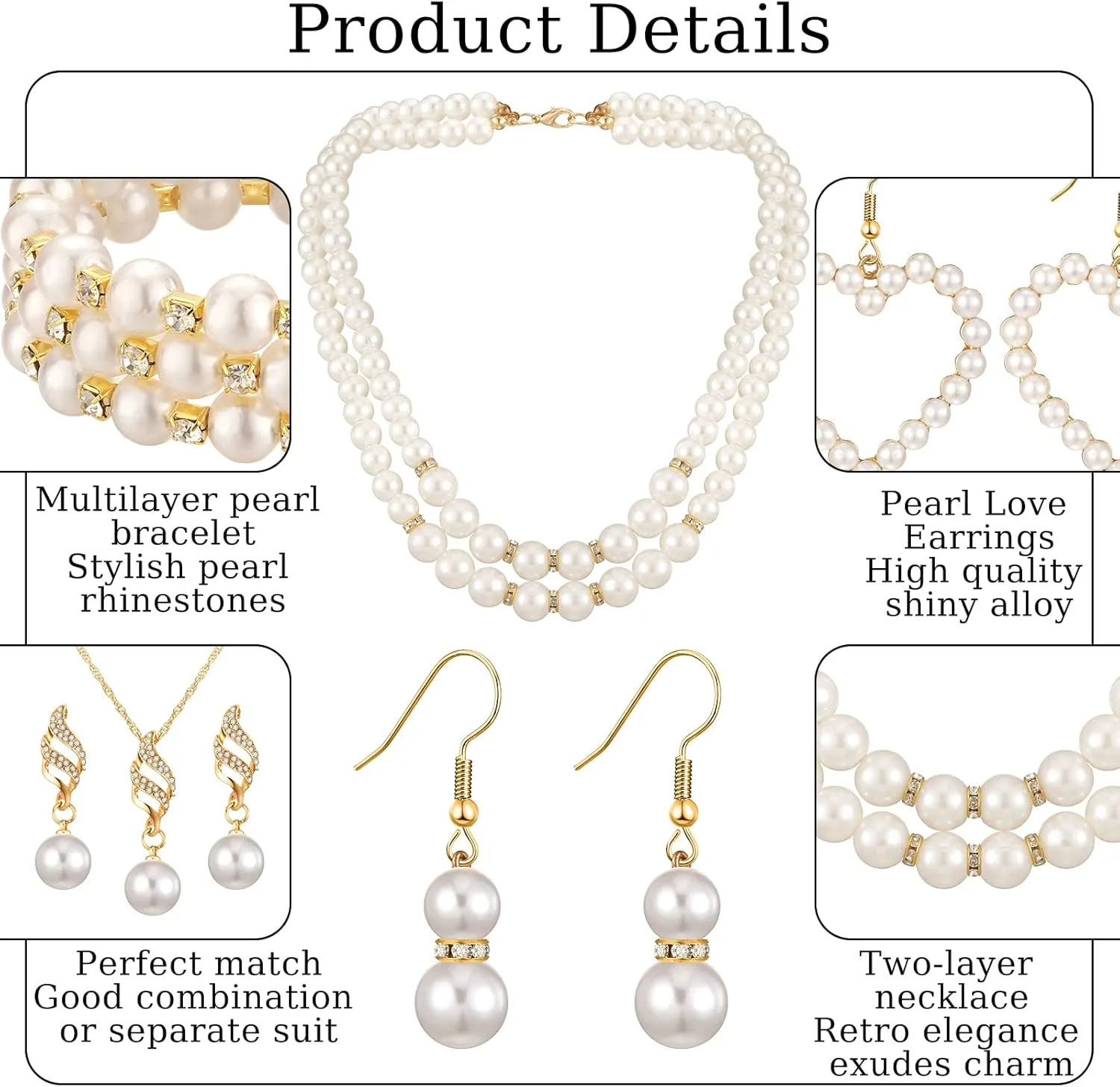 Bonuci 8 Pcs Pearl Rhinestone Jewelry Set for Women Pearl Necklace Earrings Bracelet Set 1920s Jewelry Accessories for Valentines Wedding Tea Party