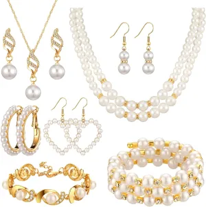 Bonuci 8 Pcs Pearl Rhinestone Jewelry Set for Women Pearl Necklace Earrings Bracelet Set 1920s Jewelry Accessories for Valentines Wedding Tea Party