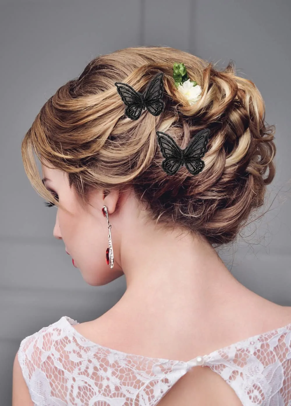 Butterfly Hair Clips Penta Angel 6Pcs Lace Embroidery Flower Butterfly Hair Bow Pins Wedding Hair Accessories for Women Halloween Party Decor (L-Black a)