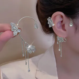Butterfly Tassel Style Zircon Earrings Shiny Ear Cuff Earrings for Women Non Piercing Butterfly Flower Tassel Wrap-Around Clip-On Earrings Fashion Star Cuff Earring Chain for Women Teen Girls Star Crawler Earring Wrap Earrings(one)