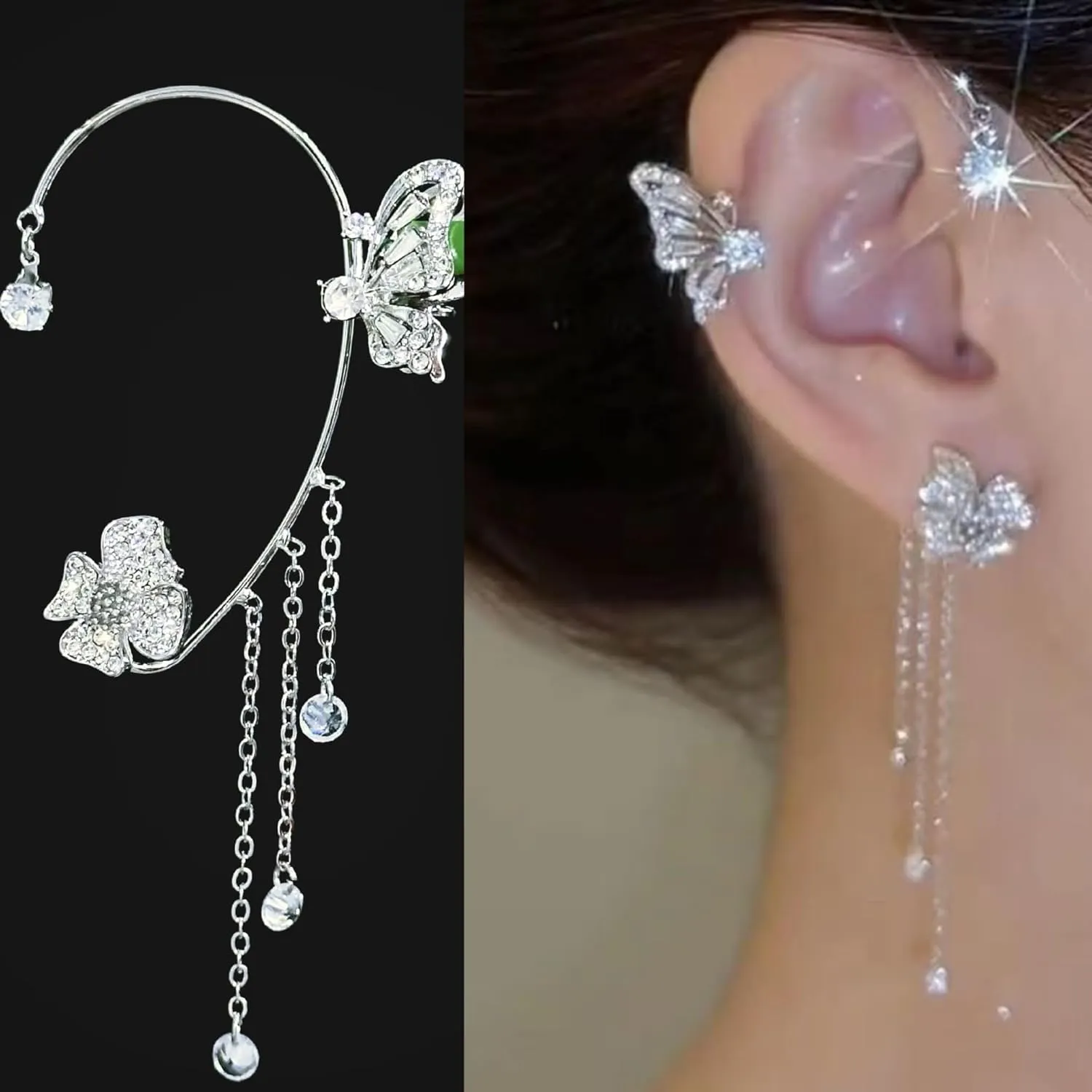 Butterfly Tassel Style Zircon Earrings Shiny Ear Cuff Earrings for Women Non Piercing Butterfly Flower Tassel Wrap-Around Clip-On Earrings Fashion Star Cuff Earring Chain for Women Teen Girls Star Crawler Earring Wrap Earrings(one)