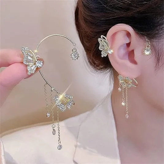 Butterfly Tassel Style Zircon Earrings Shiny Ear Cuff Earrings for Women Non Piercing Butterfly Flower Tassel Wrap-Around Clip-On Earrings Fashion Star Cuff Earring Chain for Women Teen Girls Star Crawler Earring Wrap Earrings(one)