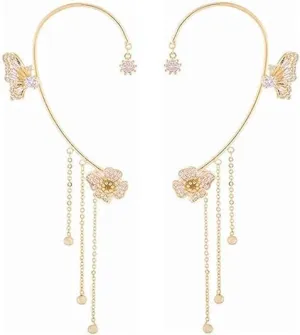 Butterfly Tassel Style Zircon Earrings Shiny Ear Cuff Earrings for Women Non Piercing Butterfly Flower Tassel Wrap-Around Clip-On Earrings Fashion Star Cuff Earring Chain for Women Teen Girls Star Crawler Earring Wrap Earrings(one)