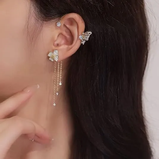 Butterfly Tassel Style Zircon Earrings Shiny Ear Cuff Earrings for Women Non Piercing Butterfly Flower Tassel Wrap-Around Clip-On Earrings Fashion Star Cuff Earring Chain for Women Teen Girls Star Crawler Earring Wrap Earrings(one)