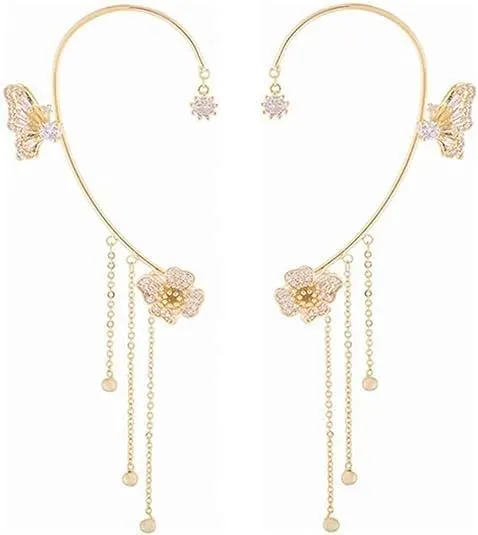 Butterfly Tassel Style Zircon Earrings Shiny Ear Cuff Earrings for Women Non Piercing Butterfly Flower Tassel Wrap-Around Clip-On Earrings Fashion Star Cuff Earring Chain for Women Teen Girls Star Crawler Earring Wrap Earrings(one)