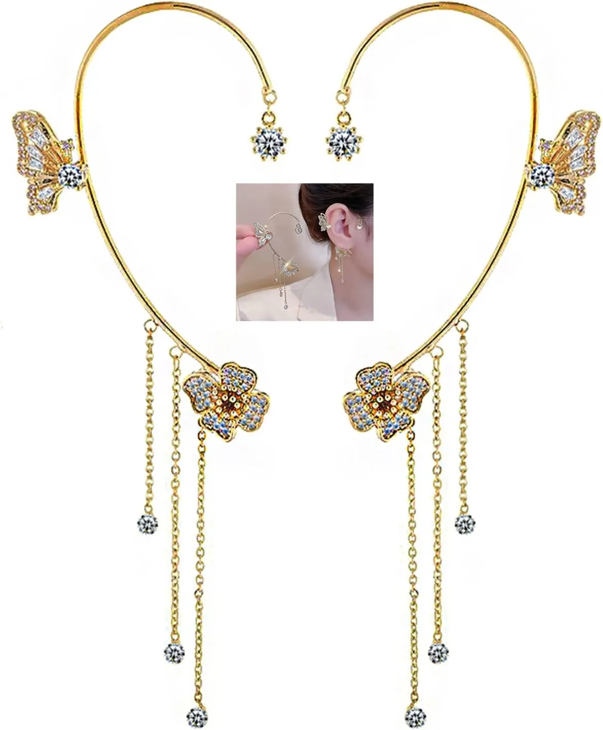 Butterfly Tassel Zircon Earrings,Butterfly Flowers no Piercing Ear Clips for Women Long Chain Crystal Butterfly Ear Cuff Earrings