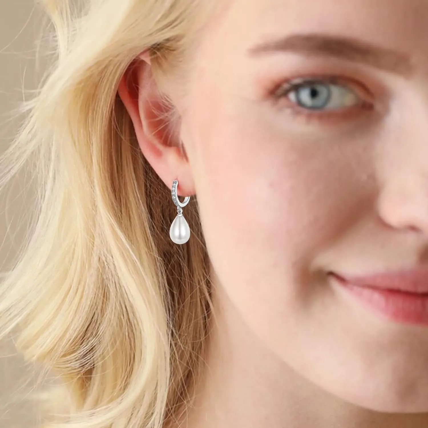 CERSLIMO Pearl Drop Earrings for Women | S925 Sterling Silver Post Simulated Shell Pearl Hoop Dangle Earrings, Hypoallergenic Cubic Zirconia Huggies Earrings Bridesmaid Jewelry