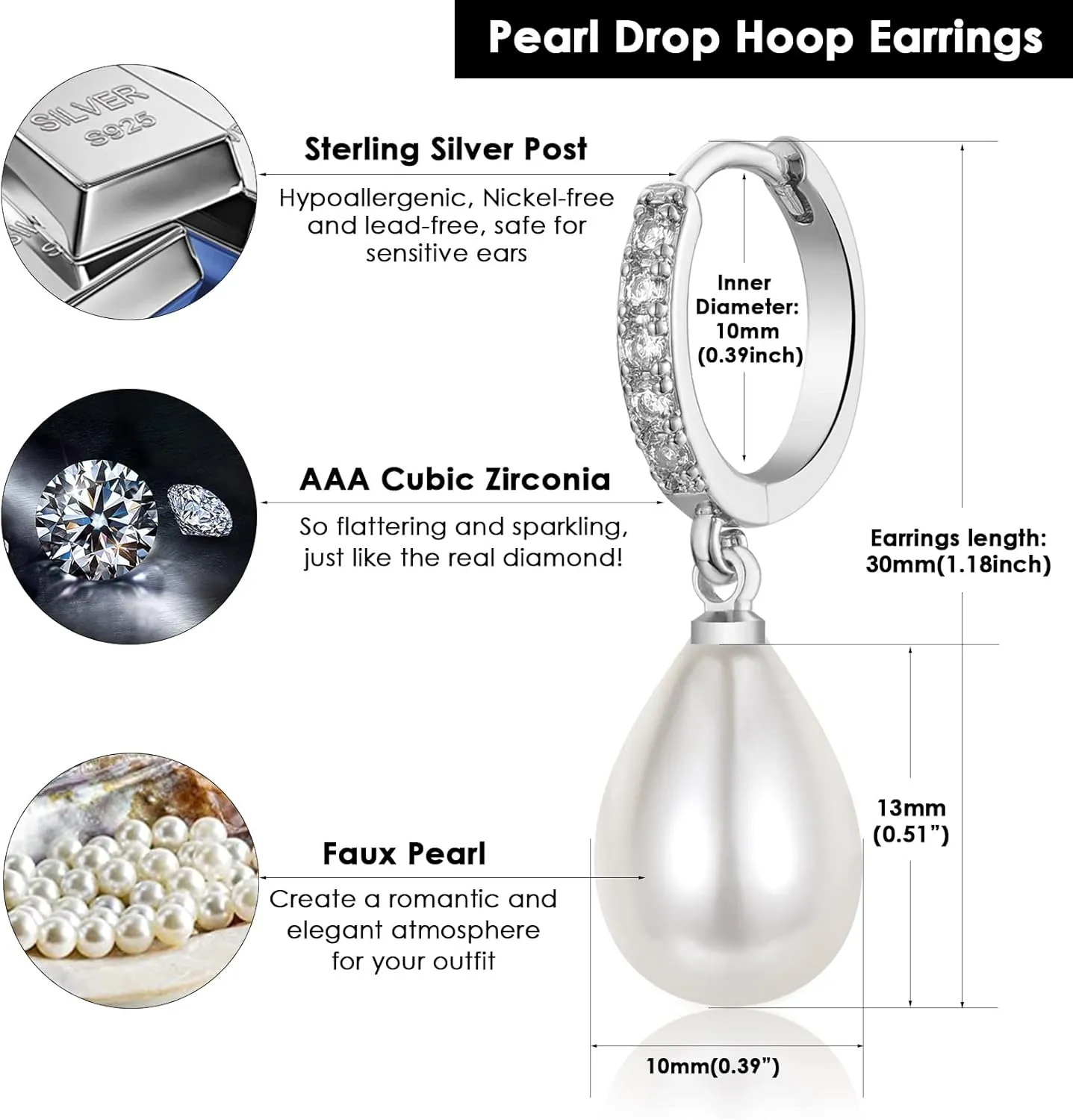 CERSLIMO Pearl Drop Earrings for Women | S925 Sterling Silver Post Simulated Shell Pearl Hoop Dangle Earrings, Hypoallergenic Cubic Zirconia Huggies Earrings Bridesmaid Jewelry