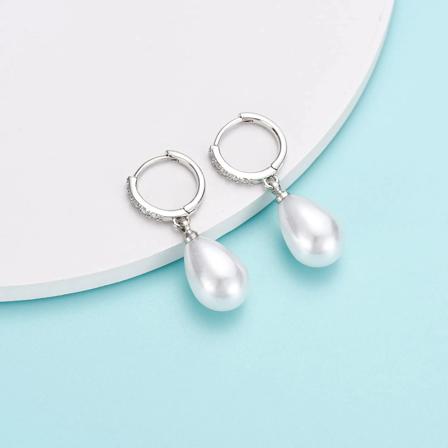 CERSLIMO Pearl Drop Earrings for Women | S925 Sterling Silver Post Simulated Shell Pearl Hoop Dangle Earrings, Hypoallergenic Cubic Zirconia Huggies Earrings Bridesmaid Jewelry
