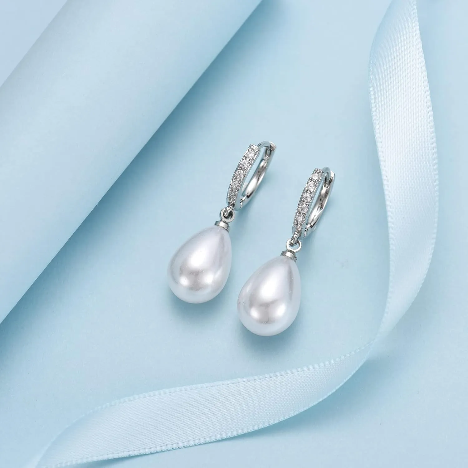 CERSLIMO Pearl Drop Earrings for Women | S925 Sterling Silver Post Simulated Shell Pearl Hoop Dangle Earrings, Hypoallergenic Cubic Zirconia Huggies Earrings Bridesmaid Jewelry