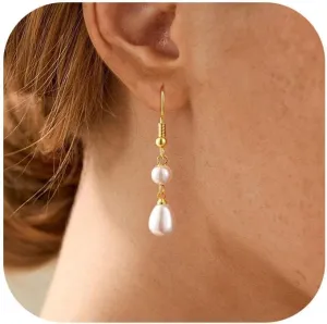 CHESKY Pearl Earrings for Women, Dainty 14K Gold Plated/925 Sterling Silver Drop Quality Handpicked AAA  Freshwater Cultured Round Pearls Dangle Earrings Wedding Jewelry for Women Gifts
