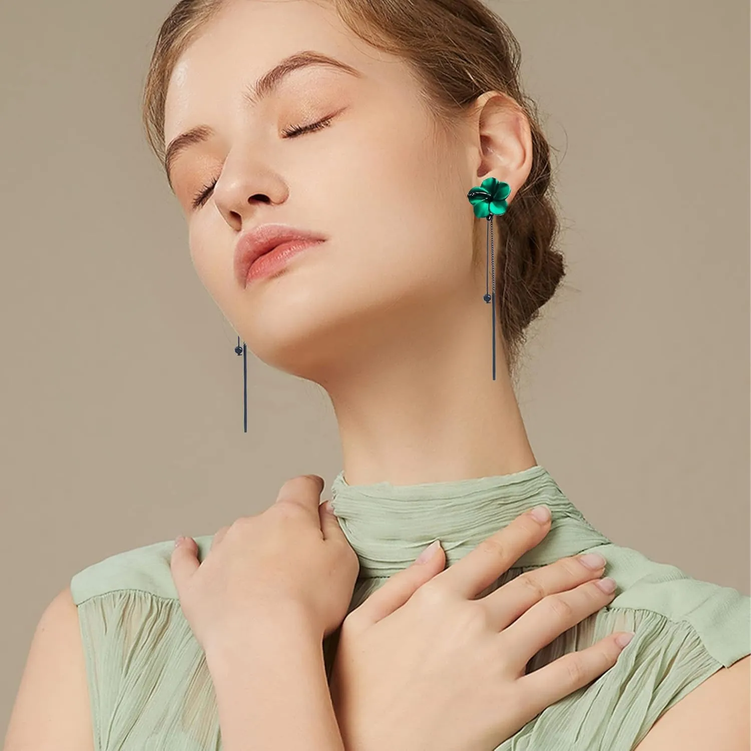 Chinese Trendy Red Green Poppy Flower Black Long Line Bar Tassel Earrings for Women Charm Drop Dangle Earring Jewelry Elegant Statement