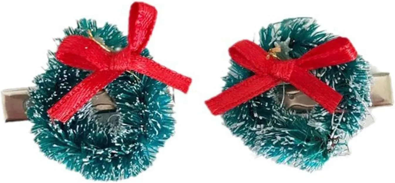 Christmas Wreath Hair Clip Party Props Accessories Hair Pin Festive Bowknot Barrettes Holiday Headwear 2PCS