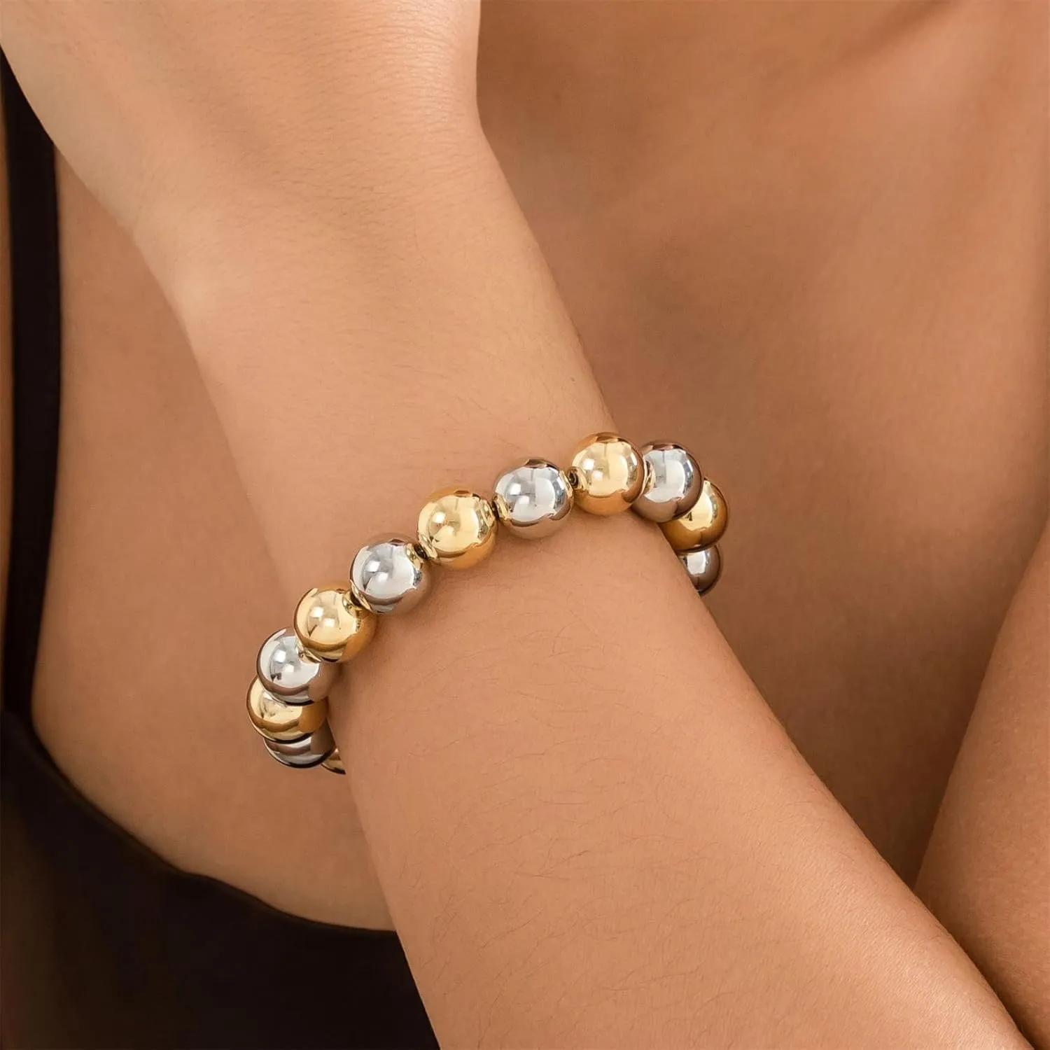 Chunky Gold Bead Bracelets,Big Round Ball Beaded Elastic Bracelet Vintage Punk Metal Stretch Bangles Adjustable Strand Bracelets Fashion Jewelry for Women