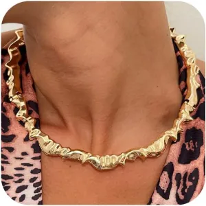 Chunky Gold Liquid Metal Choker Statement Necklace for Women, Unique Punk Thick Silver Irregular Geometric Metallic Necklaces Exaggerated Party Neck Jewelry Gift