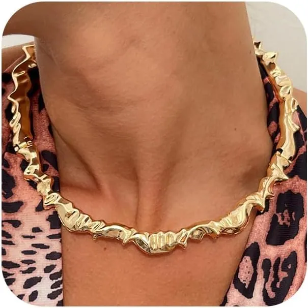 Chunky Gold Liquid Metal Choker Statement Necklace for Women, Unique Punk Thick Silver Irregular Geometric Metallic Necklaces Exaggerated Party Neck Jewelry Gift