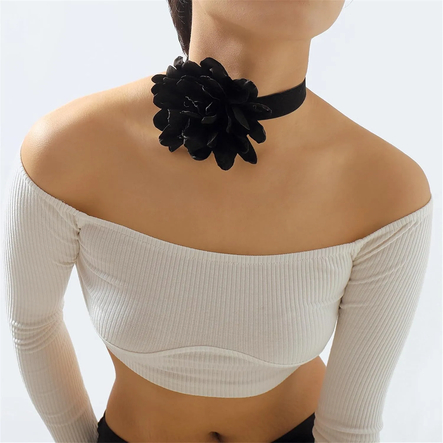 Chunky Rose Flower Necklaces,Vintage French Camellia Rose Choker Black Velvet Ribbon Clavicle Chains Geometric Daisy Floral Choker Necklaces Spring Summer Jewelry Costume for Women