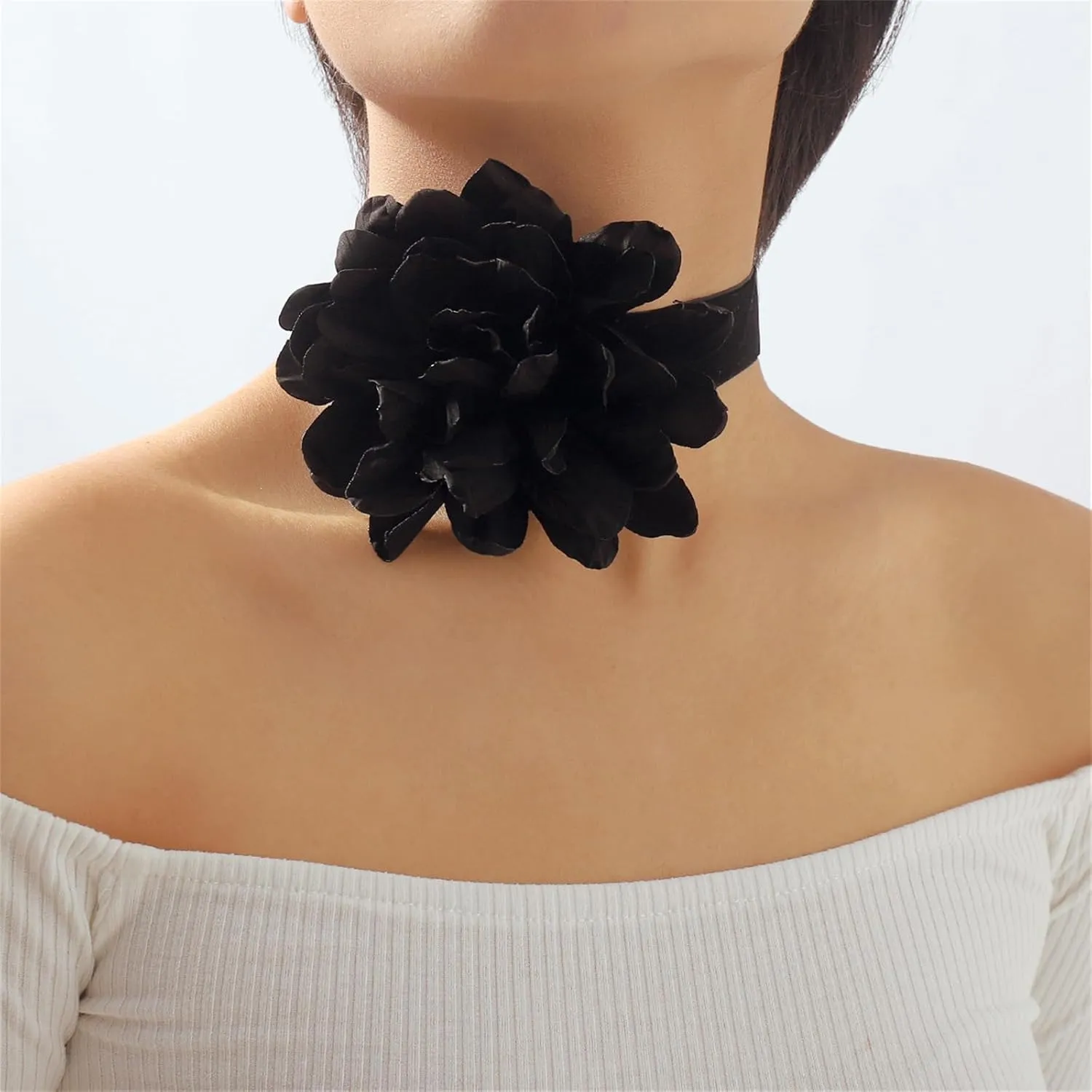 Chunky Rose Flower Necklaces,Vintage French Camellia Rose Choker Black Velvet Ribbon Clavicle Chains Geometric Daisy Floral Choker Necklaces Spring Summer Jewelry Costume for Women