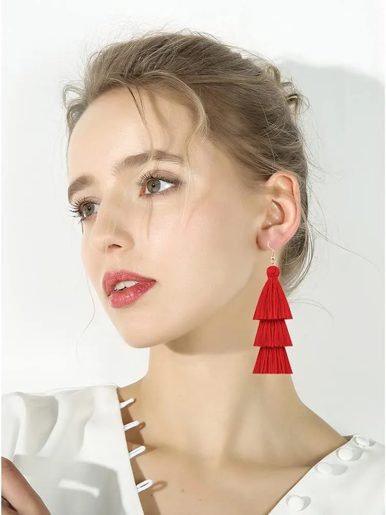 CHUNYANAN 3 Tier Red Yellow Tassel Dangle Drop Earrings Bohemian Fashion Earrings for Women Valentine Party Jewelry Gift.