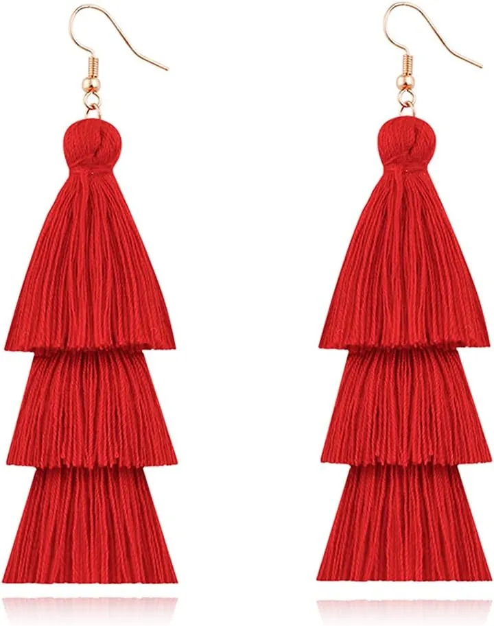 CHUNYANAN 3 Tier Red Yellow Tassel Dangle Drop Earrings Bohemian Fashion Earrings for Women Valentine Party Jewelry Gift.
