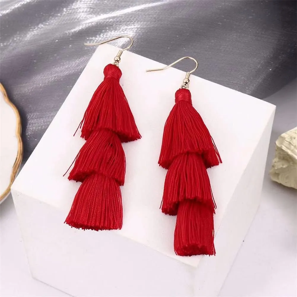 CHUNYANAN 3 Tier Red Yellow Tassel Dangle Drop Earrings Bohemian Fashion Earrings for Women Valentine Party Jewelry Gift.