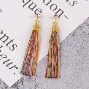 coadipress Boho Thread Long Tassel Earrings Colorful Fringe Earrings Handmade Simple Knotted Thread Silk Fabric Ethnic Vintage Tassel Earring Jewelry Gifts