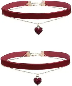 COLORFUL BLING 2 Pcs Heart Necklace Adjustable Red Choker Classic Charm Collar Necklaces Velvet Minimalism Chocker Necklace for Women Girls