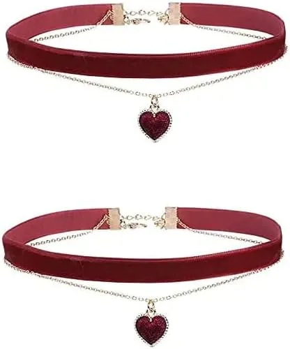 COLORFUL BLING 2 Pcs Heart Necklace Adjustable Red Choker Classic Charm Collar Necklaces Velvet Minimalism Chocker Necklace for Women Girls