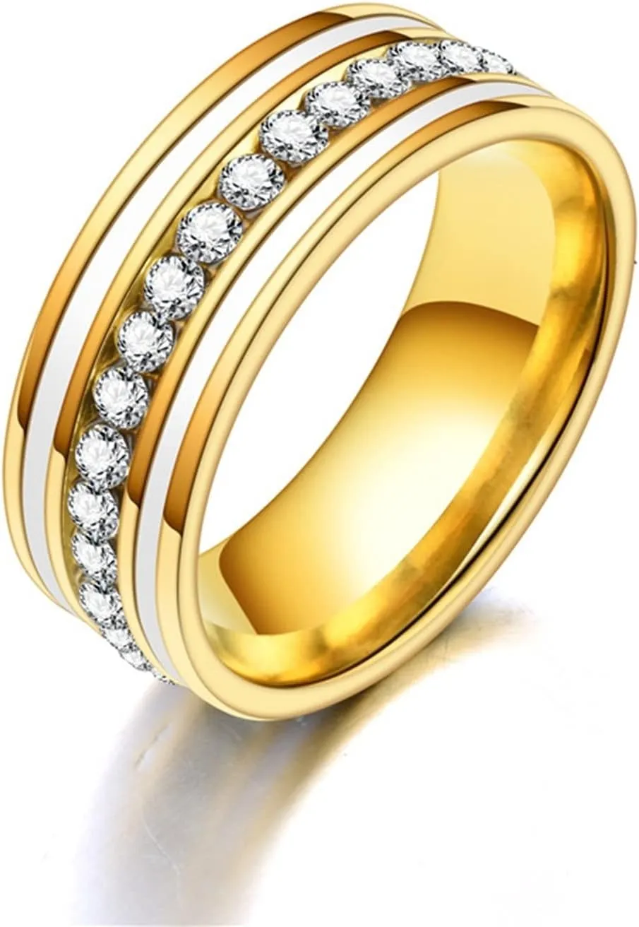 Couple Matching Rings Gold Ring Single Row Zircon, White Zircon Round Stainless Steel Couple Rings