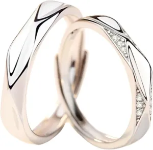 Couple Promise Rings, Anniversary Ring CZ with Silver Rhombus Cut Band Couple Adjustable Ring Gift