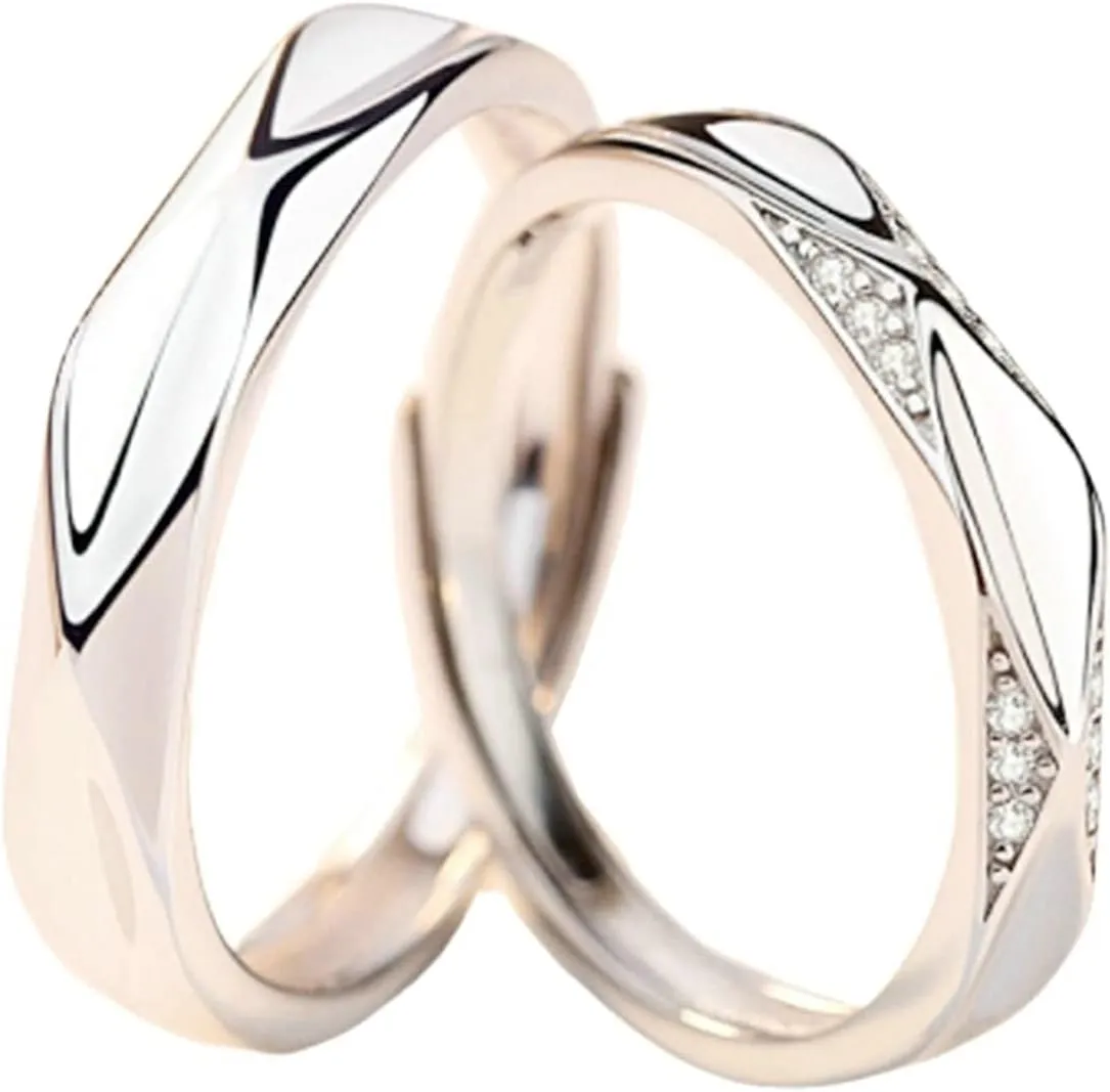 Couple Promise Rings, Anniversary Ring CZ with Silver Rhombus Cut Band Couple Adjustable Ring Gift