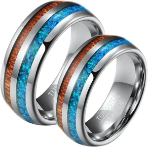 Couple Promise Rings Set, Tungsten Engagement Ring 8mm Silver Ring Inlay Wood and Opal Men's and Women's Fashion Rings