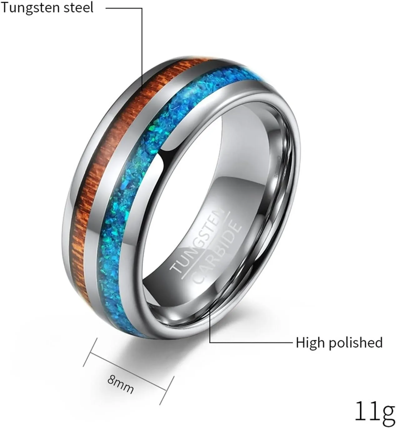 Couple Promise Rings Set, Tungsten Engagement Ring 8mm Silver Ring Inlay Wood and Opal Men's and Women's Fashion Rings