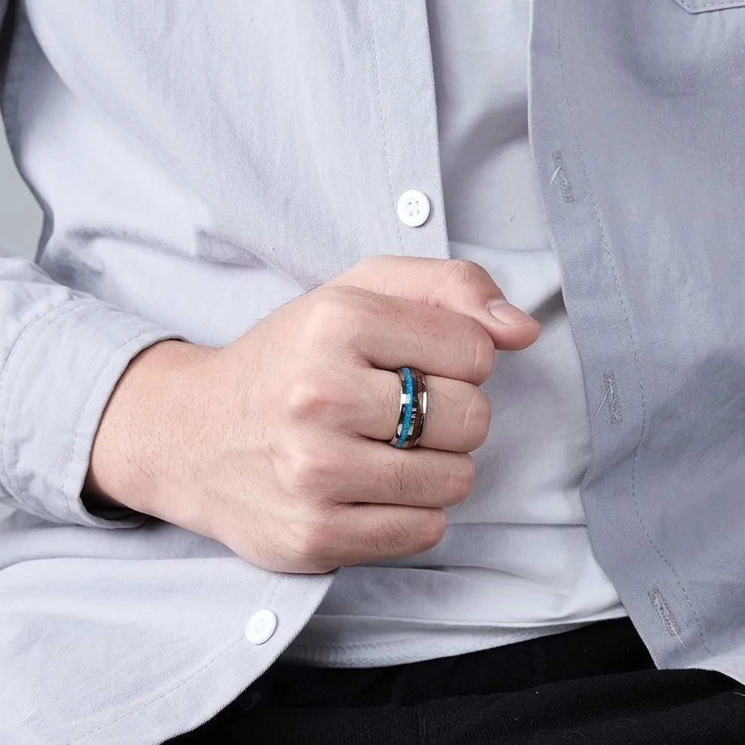 Couple Promise Rings Set, Tungsten Engagement Ring 8mm Silver Ring Inlay Wood and Opal Men's and Women's Fashion Rings