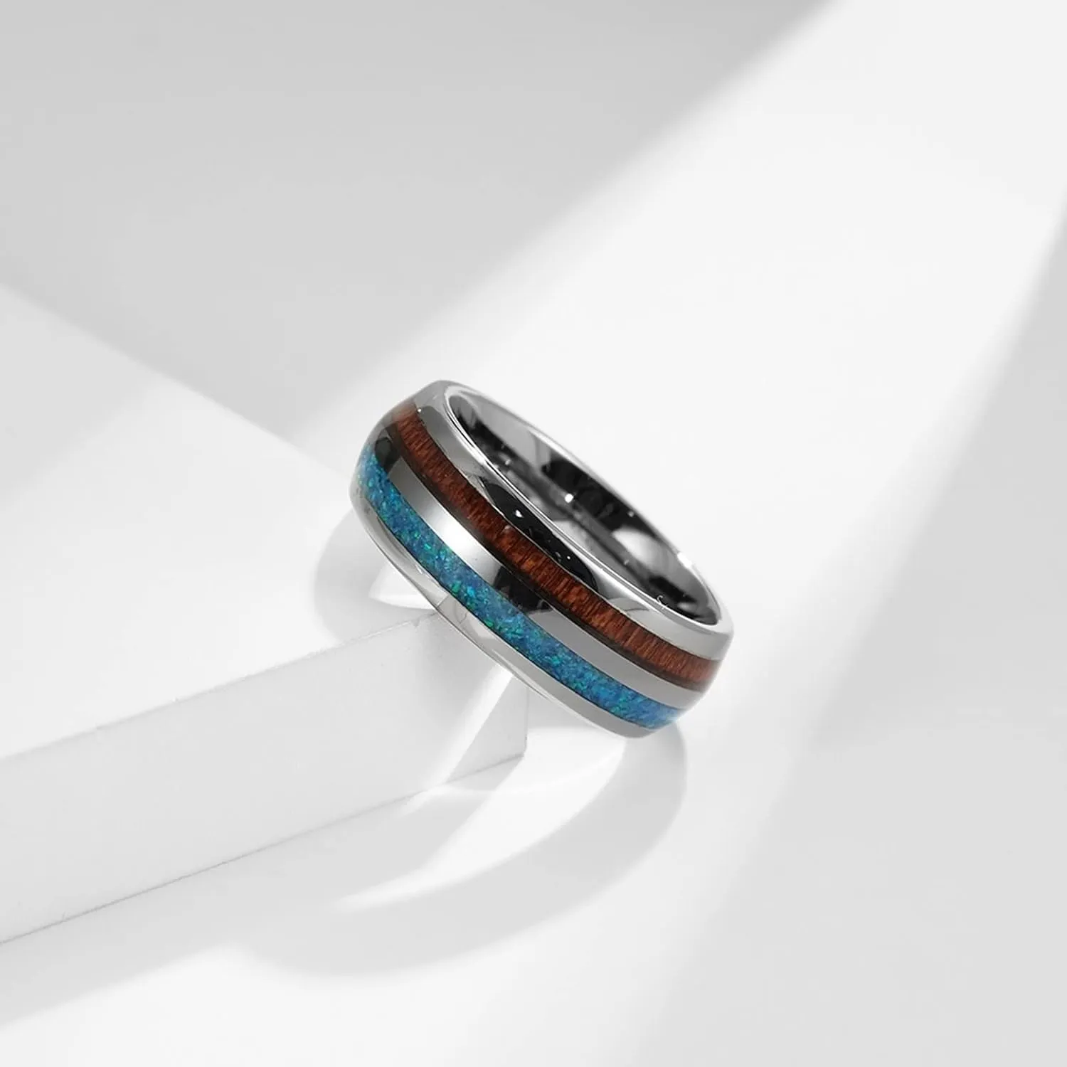 Couple Promise Rings Set, Tungsten Engagement Ring 8mm Silver Ring Inlay Wood and Opal Men's and Women's Fashion Rings