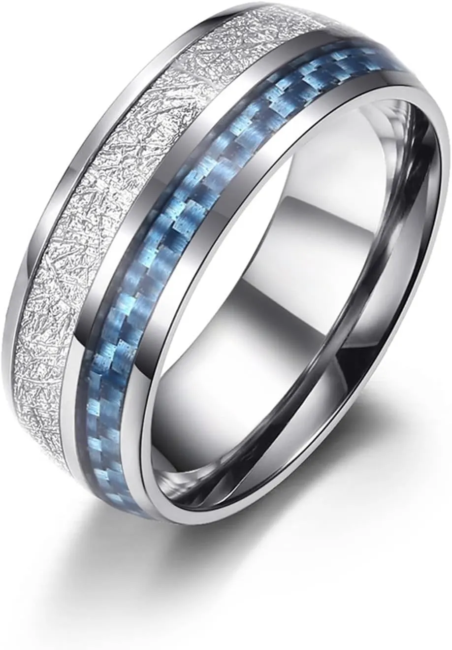 Couple Ring Jewelry, Men Titanium Wedding Band 2PCS Stainless Steel 8mm Silver Ring Inlay Blue Carbon Fiber Size Women 7 Men 7 for Prom Jewelry