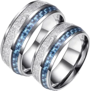 Couple Ring Jewelry, Men Titanium Wedding Band 2PCS Stainless Steel 8mm Silver Ring Inlay Blue Carbon Fiber Size Women 7 Men 7 for Prom Jewelry