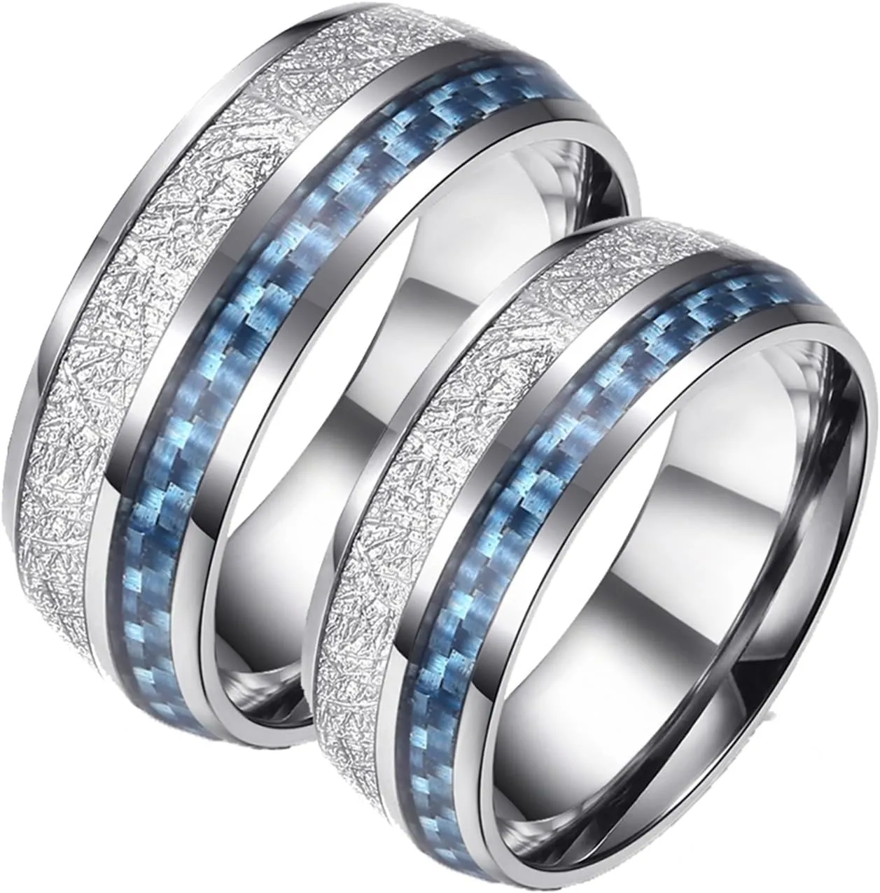 Couple Ring Jewelry, Men Titanium Wedding Band 2PCS Stainless Steel 8mm Silver Ring Inlay Blue Carbon Fiber Size Women 7 Men 7 for Prom Jewelry