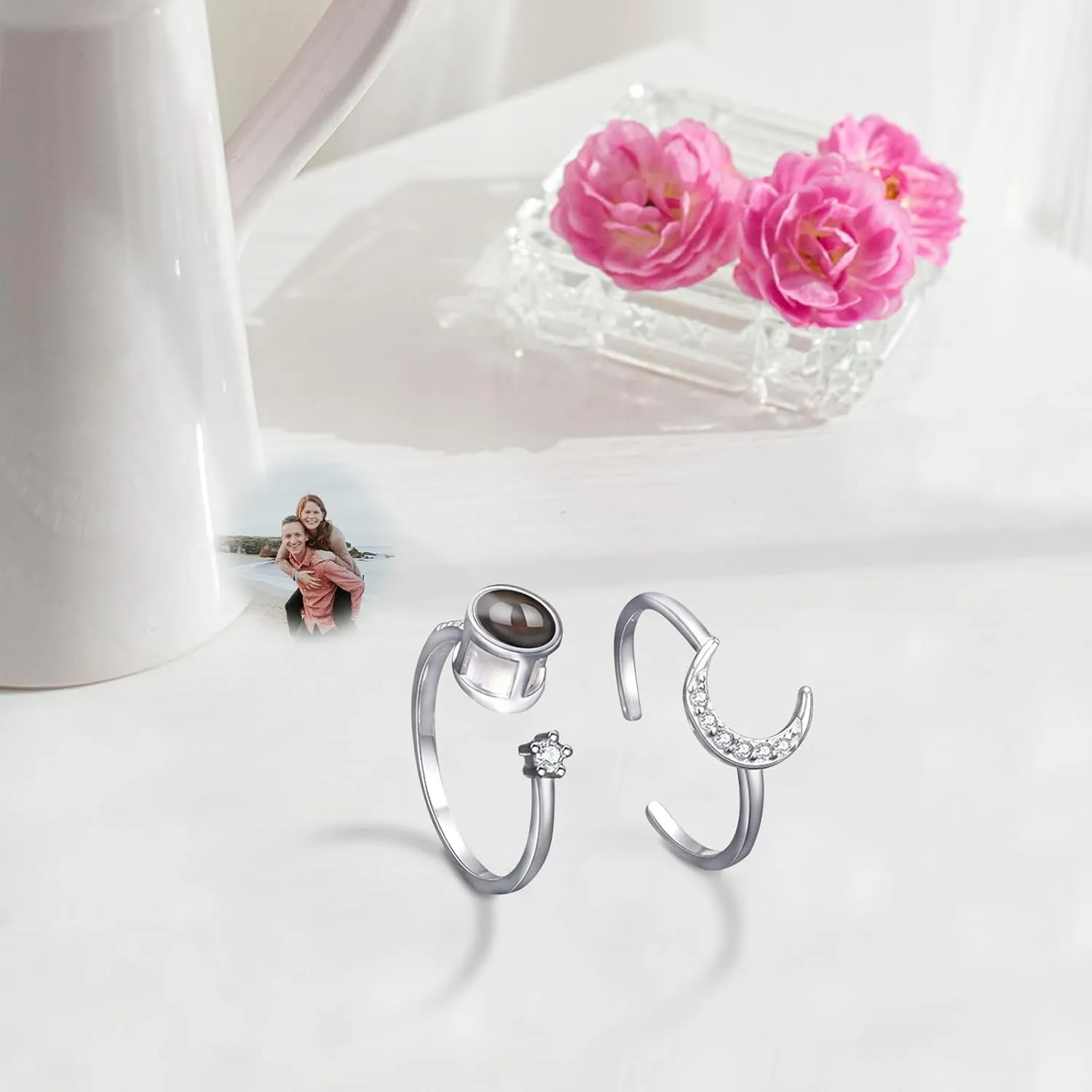 Couple rings, best friend rings, love rings, adjustable sterling silver projection rings, gifts (Style 2-Silver)