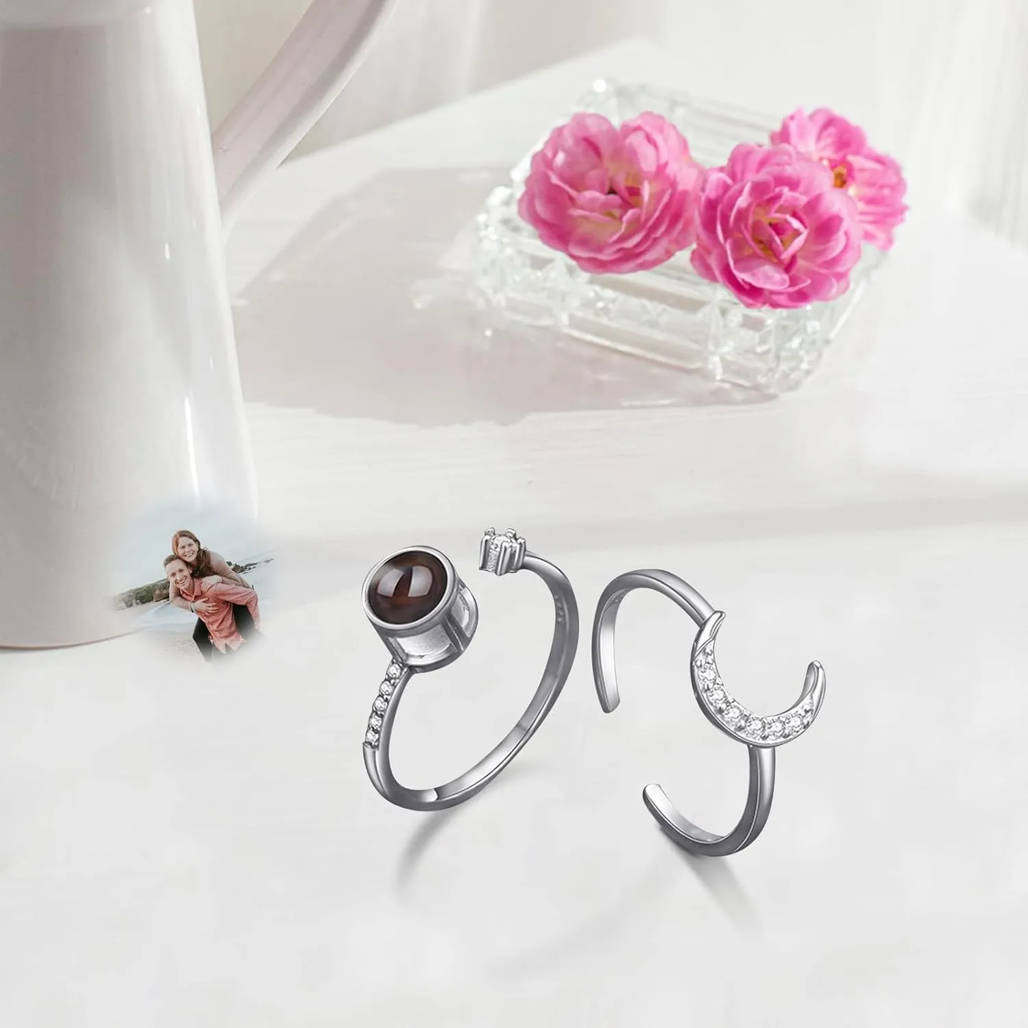 Couple rings, best friend rings, love rings, adjustable sterling silver projection rings, gifts (Style 2-Silver)